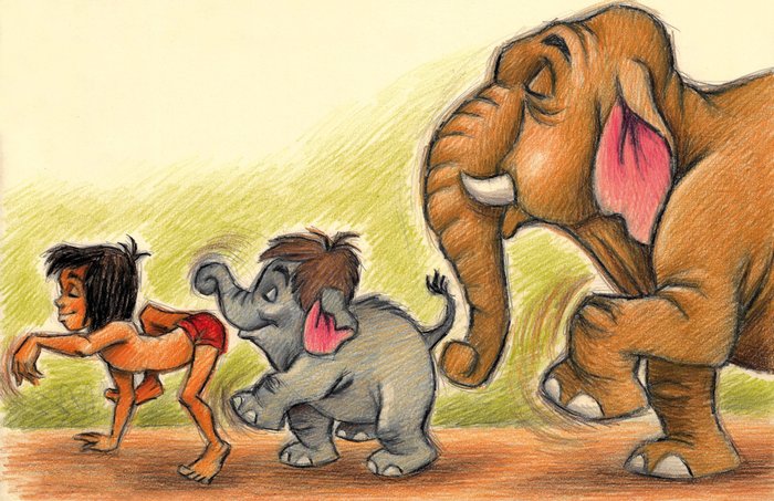 Mowgli & Elephants [The Jungle Book] - Giclée Signed By Joan Vizcarra - Canvas