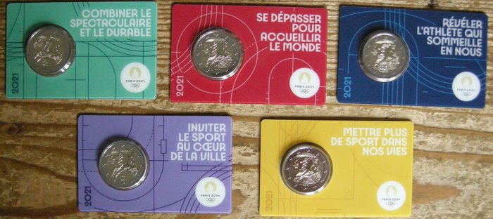Frankreich. 2 euromunt 2021 met Thema: Olympische Spelen 2024 in 5 verschillende coincards