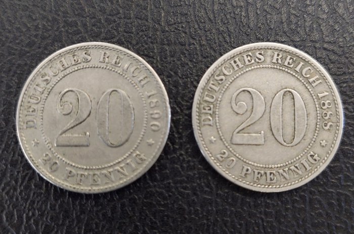 Germany, Empire. 20 Pfennig 1890-F & 1888-D, 2 Coins