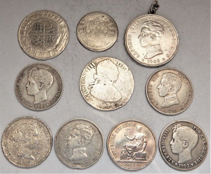 Spain. Felipe V, Carlos III, Carlos IV, Isabel II, Alfonso XIII & II República. (10 monedas)