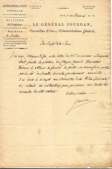 Marechal Jourdan - Demande d'Amnistie au Ministre de la police générale - 1802