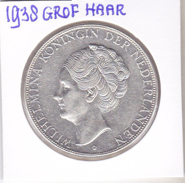 Netherlands. Wilhelmina (1890-1948). 2 1/2 Gulden 1938  ''Grof Haar''