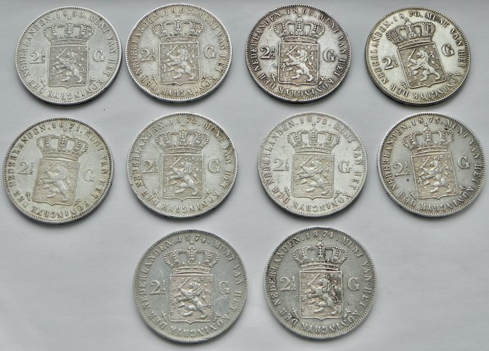 Netherlands. Willem III (1849-1890). 2 1/2 Gulden 1850/1874  (10 stuks)