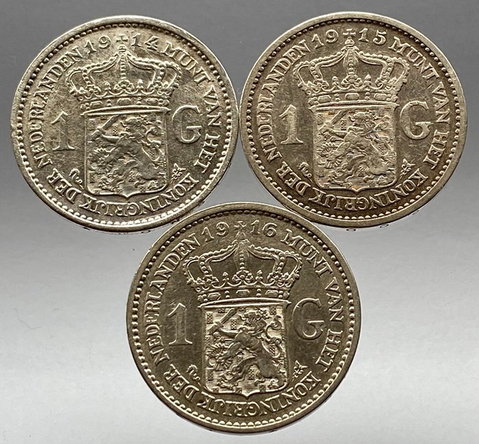Netherlands. Wilhelmina (1890-1948). 1 Gulden 1914, 1915 en 1916