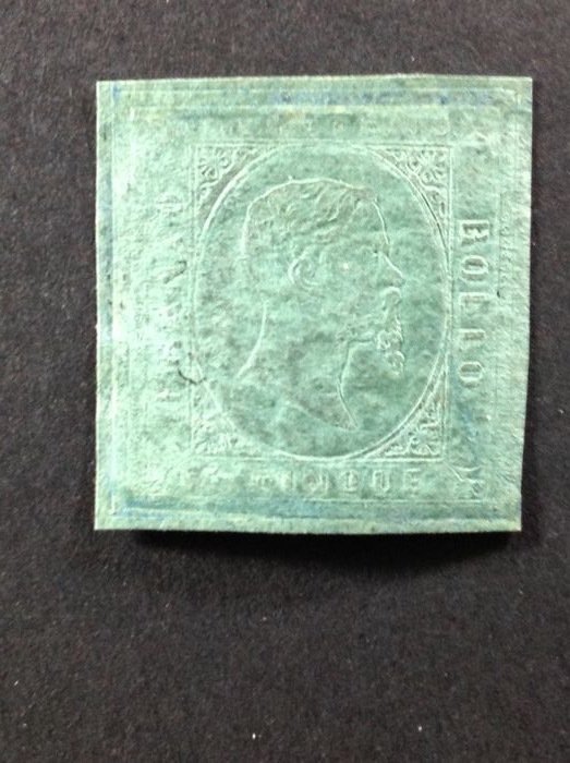 Italy 1853 - Sardinia 1853, 5 cents green repaired, Raybaudi certificate - Sassone.n. 4