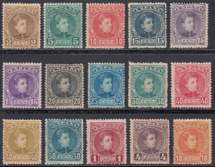 Espagne 1901/1905 - Alfonso XIII. Cadet type, complete set of 15 values. - Edifil, 241 / 255