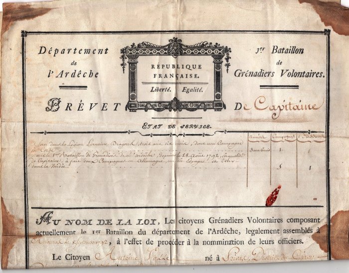 Général D'Oyre -  Conventionnel Reubell - Brevet de Capitaine - Siège de Mayence - 1793