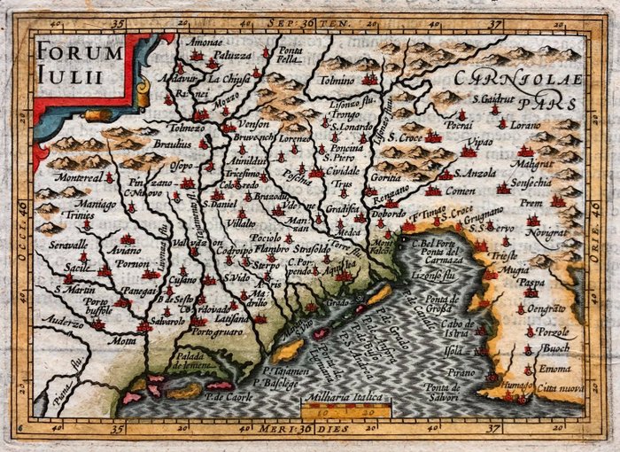 義大利, Friuli Venezia Giulia, Slovenia; P. van den Keere / P. Bertius / J. Hondius - Forum Iulii - Descriptio Fori Iulii. - 1601-1620