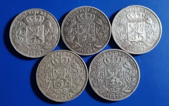 Belgium. Leopold II (1865-1909). 5 Francs 1868/1875 (5 stuks)