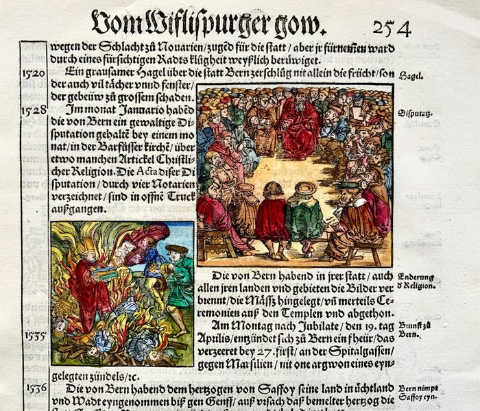 Heinrich Vogtherr (the Elder) (1490-1556) - Large folio woodcut leaf. - Reformation Disputation of Bern (1528) and Burning of Relics - First Edition - 1548 - 1548