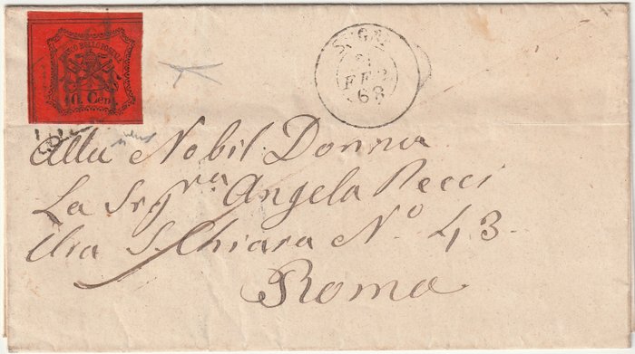 Italiaanse oude staten - Pauselijke Staat 1868 - 2nd issue 10 c. sheet corner on cover from Carpineto pt. R1 to Rome - Sassone n.17