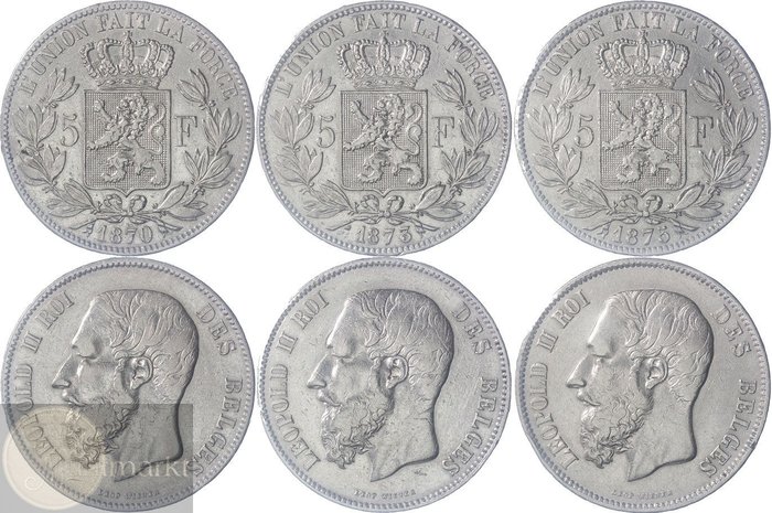 Belgium. Leopold II. 5 Francs 1870, 1873 & 1875