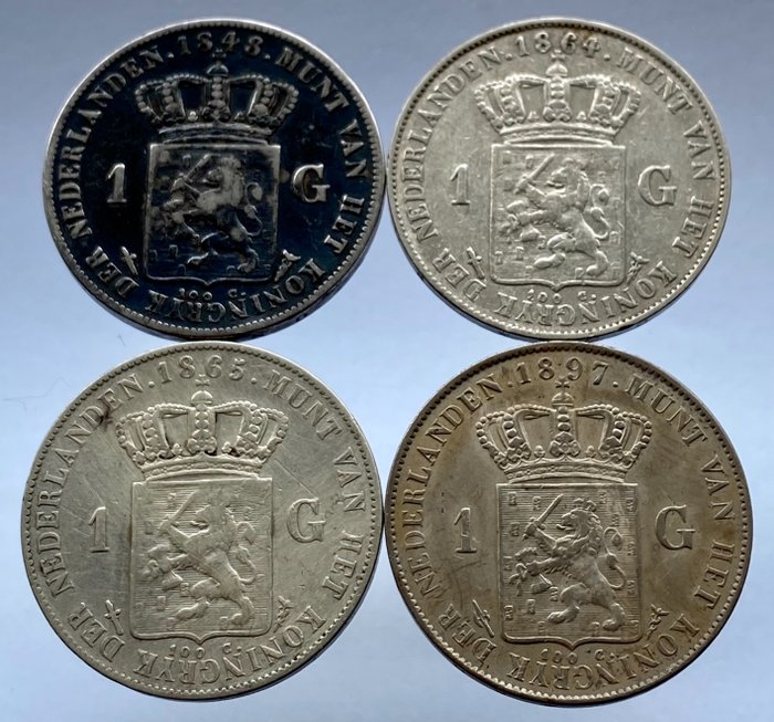 Netherlands. Willem II/III en Wilhelmina. 1 Gulden 1848 / 1897 ( 4 stuks)