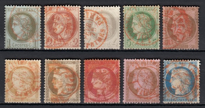 Frankrijk 1871 - Ceres, cancelled, red printed postmark - Yvert n° 50/60