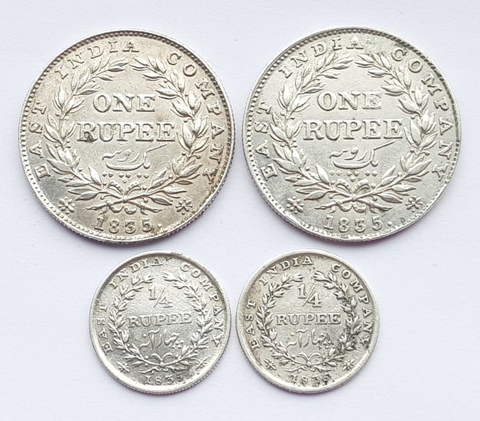 British India. 1/4 Rupee + 1 Rupee 1835 William IV (4 pieces)