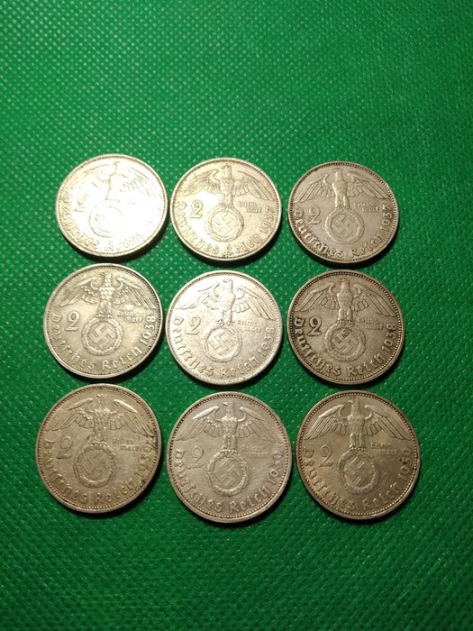 Germany, Third Reich. Lot. 2 Reichsmark 1937/1939 (9 pieces)