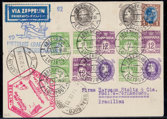 Denemarken 1933 - Airship Graf Zeppelin 7th Southamerica Flight treaty mail Denmark