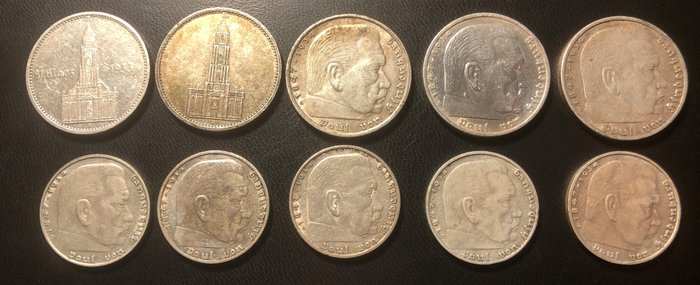 Germany, Third Reich. 2 Reichsmark/5 Reichsmark 1934/1939 (10 pieces)