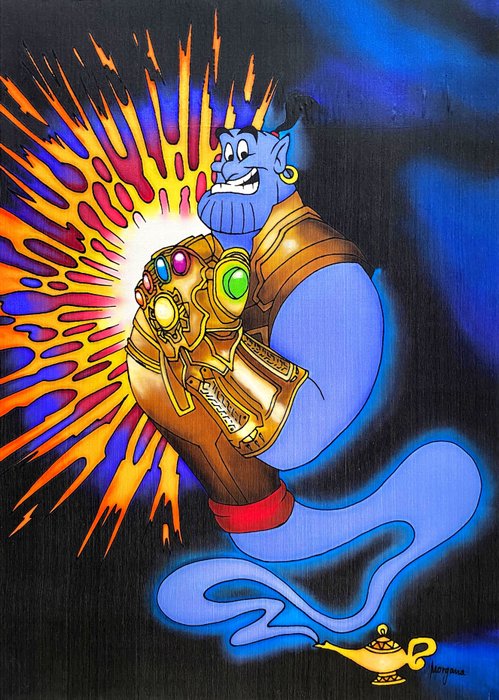 Genie [Aladdin] / Thanos [Avengers] Crossover - Silk Painting - Original Artwork By Morgana - 60 x 42 cm
