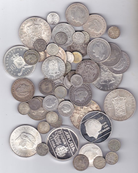 Curaçao (Dutch Caribbean), Dutch East Indies, Netherlands Antilles. Partij van ca. 420 gram zilveren munten