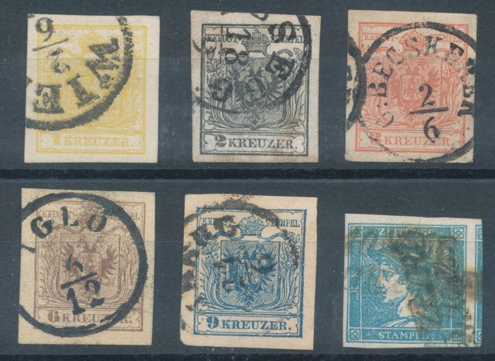 Autriche 1850 - The first set and the first newspaper stamp - Michel 1/6