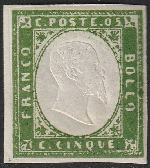 Anciens états italiens - Sardaigne 1857/58 - 4th issue 5 c. dark yellow green, 1st plate, with very good margins, rarity, luxury, with expertise - Sassone n.13Ae