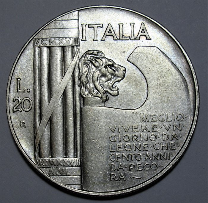 Italy, Kingdom of Italy. Vittorio Emanuele III di Savoia (1900-1946). 20 Lire 1928 "Elmetto"