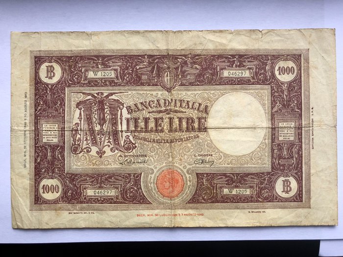 Italy - 3 banconote (2 x 100 + 1.000) Lire 1935-1941 "Roma Guerriera" (Fascio) + 1946 Grande "M" B.I. - Gigante BI 19/28 + 19/27+ 51C