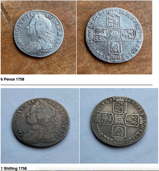 United Kingdom. 6 Pence + Shilling 1758 George II (2 munten)