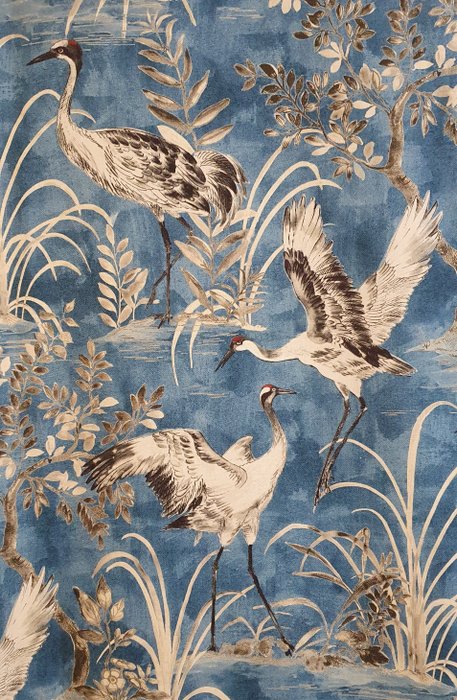 Zeldzame en elegante Aziatische stof met Blauwe Mantsjoerijse Kraanvogel -600x140cm-