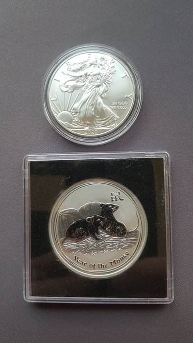 Australia, United States. 1 Dollar 2008/2020 Year of the Mouse/ American Eagle - 2 x 1 Oz