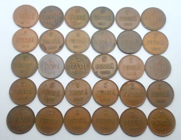 Finland. 5 Pennia 1888/1917 (30 Coins)