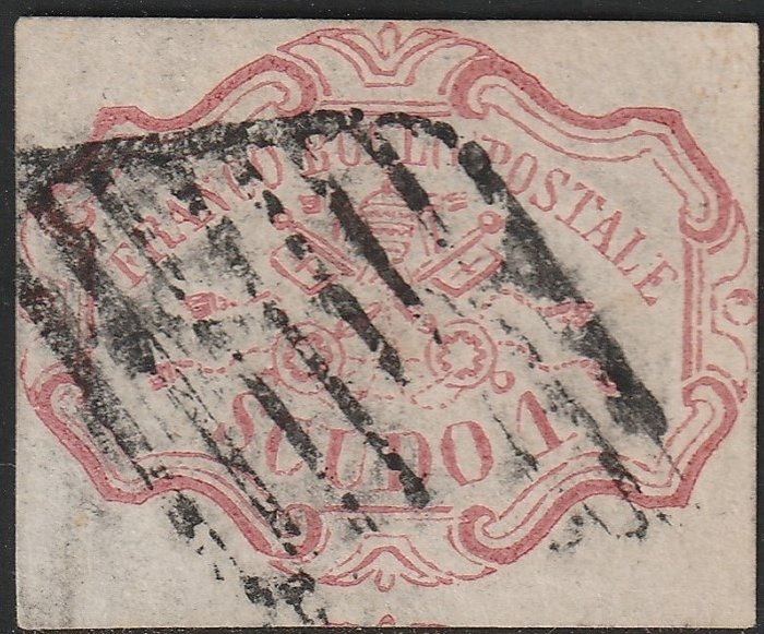Italiaanse oude staten - Pauselijke Staat 1852 - 1st issue 1 scudo carmine pink used, rare and certified - Sassone n.11