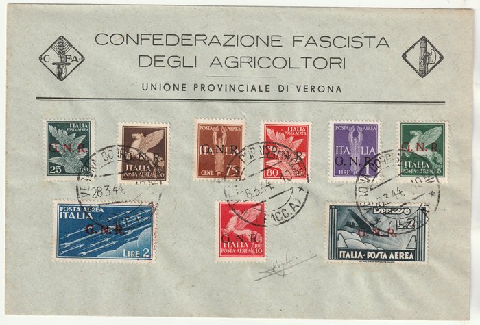 Republikanische Nationalgarde 1944 - GNR airmail, complete used set on CFA support, very rare, certified - Sassone n.117/125