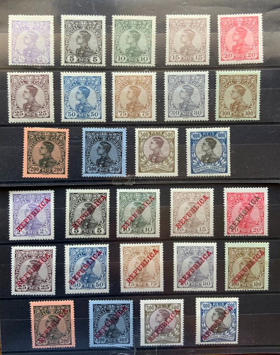 Portugal 1910 - D. Manuel II. Complete sets, with and without overprint - Mundifil 156/169, 170/183