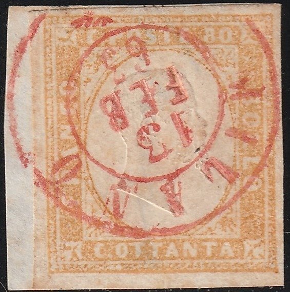 Italian Ancient States - Sardinia 1858/63 - 4th issue 80 c. with good margins on fragment from Milan, red circle, pt. R1, very rare, with - Sassone n.17A