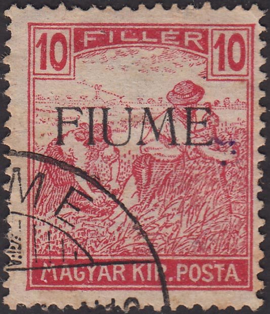 Fiume 1918 - Austrian stamp “harvesters” 10 filler carmine overprinted FIUME by machine (8a), used