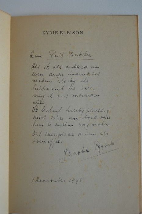 Gesigneerd; Jacoba Eggink - Kyrie eleison [met uitgebreide opdracht aan Piet Bakker] - 1945