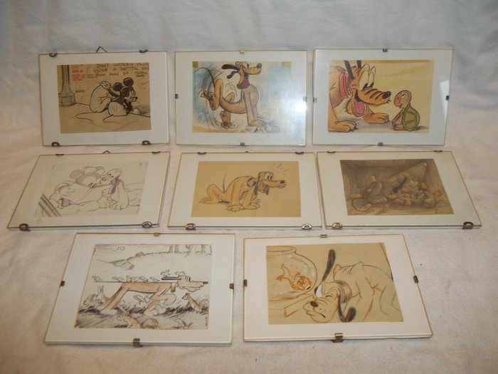 Pluto / Mickey Mouse - 8 Framed original story sketches of Pluto, two including Mickey Mouse