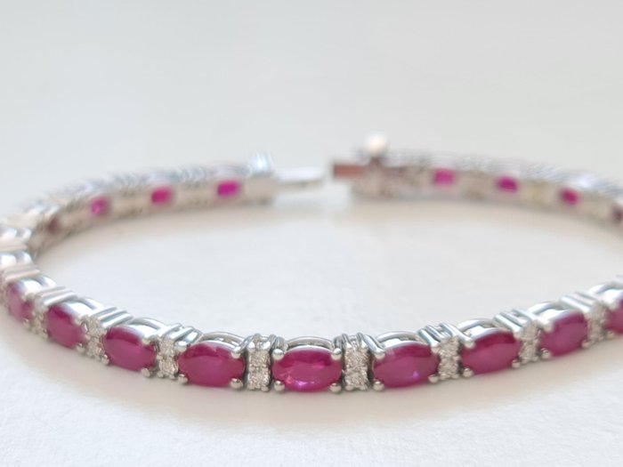 Natural Ruby Diamond Bracelet - 14 克拉 白金 - 手飾 - 10.69 ct - 1.30 克拉天然鑽石 G VS