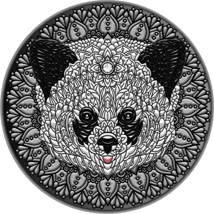 Niue. 5 Dollars 2021 Panda Mandala Art Swarovski Silver Coin  - 2 oz