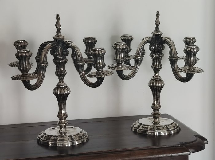 Candelabrum, Important candlesticks (2) - .800 silver - Italy - First half 20th century