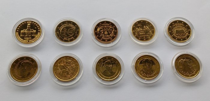 Europa. 2 Euro commemorative 2005 / 2014 (10 pieces) 24 carat gold plated