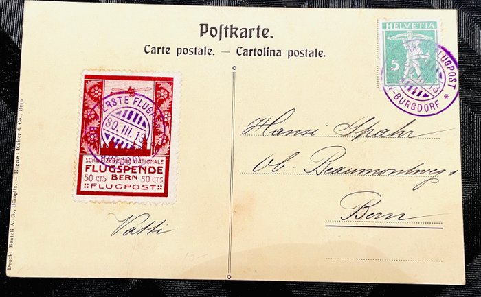 Suisse 1913 - Airmail precursor on card, circulated