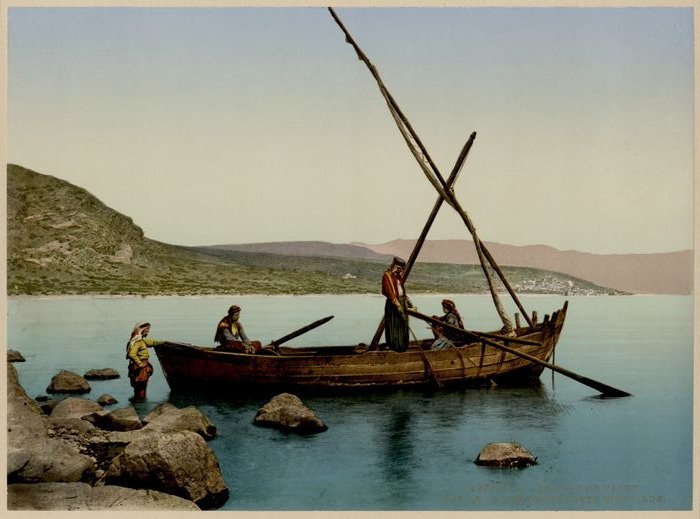 Photochrom Zürich (=P.Z.) - 1900 - Fishing Boat on Sea of Galilee (Lake Tiberias), Palestine / Israel, c. 1900