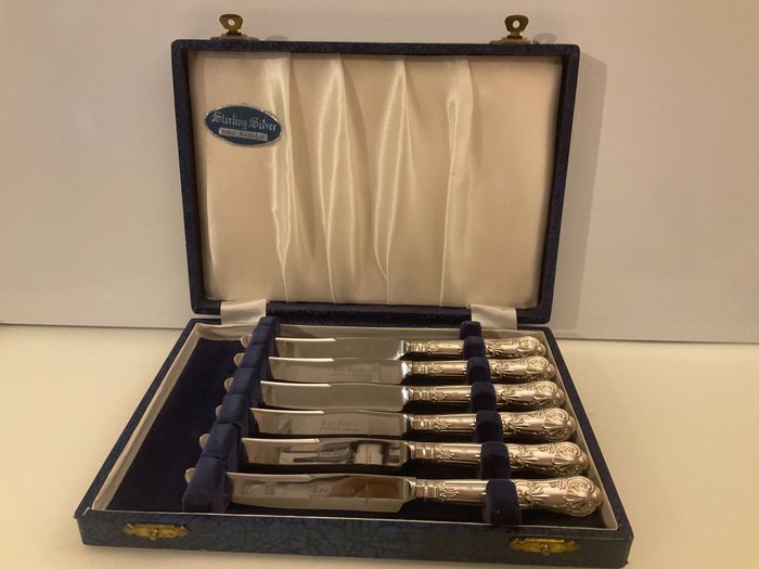 Cutlery- tea knife set - cased  unused kings patterned sterling silver handles and stainless steel (6) - .925 silver - Harrison brothers - U.K. - 1973