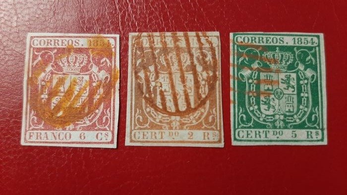 Spain 1854 - Coat of arms of Spain. Batch of 3 stamps with red grill-type postmarks. CEM certificate. - Edifil 24/26