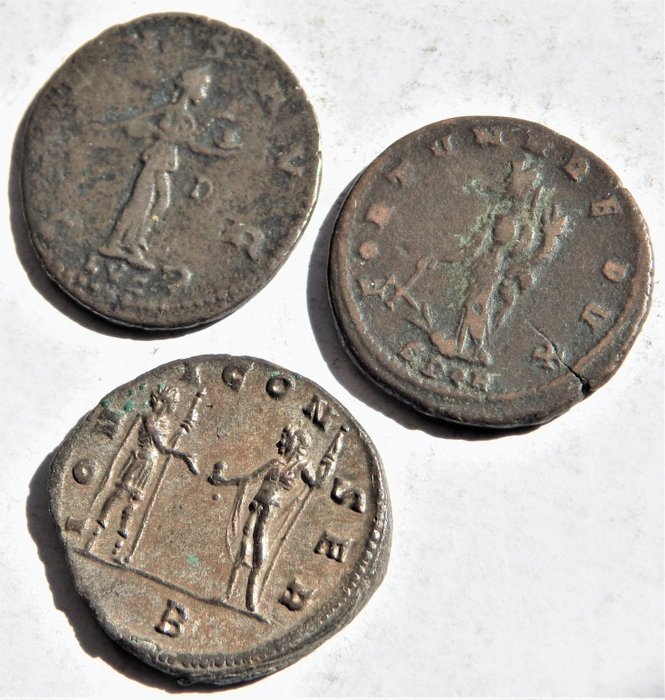 Roman Empire. Claudius II Gothicus (SPQR Very rare), Aurelian (AD 270-275) & Carinus (AD 283-285). Lot of 3 Antoniniani,  Cyzicus, Roma & Lyons mint,