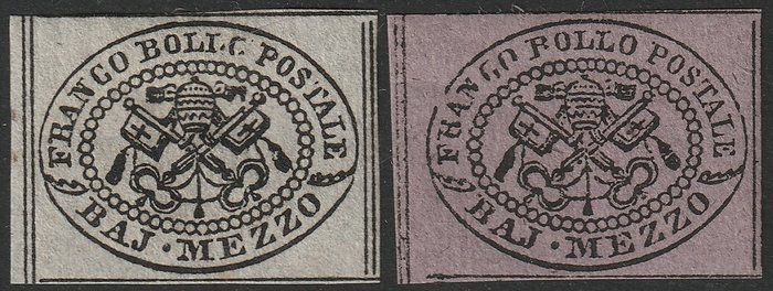 Italiaanse oude staten - Pauselijke Staat 1852 - 1st issue 1/2 b. grey, certified + 1/2 violet with expertise, with good margins, mint with full gum - Sassone n.1+1Aa