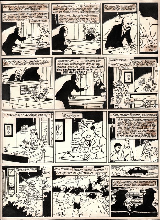 De Moor, Bob - Originele pagina (p.18 ) - Johan et Stephane / Oncle Zigomar / Snoe en Snolleke - l'Espion Jaune / De Gele Spion - (1954)